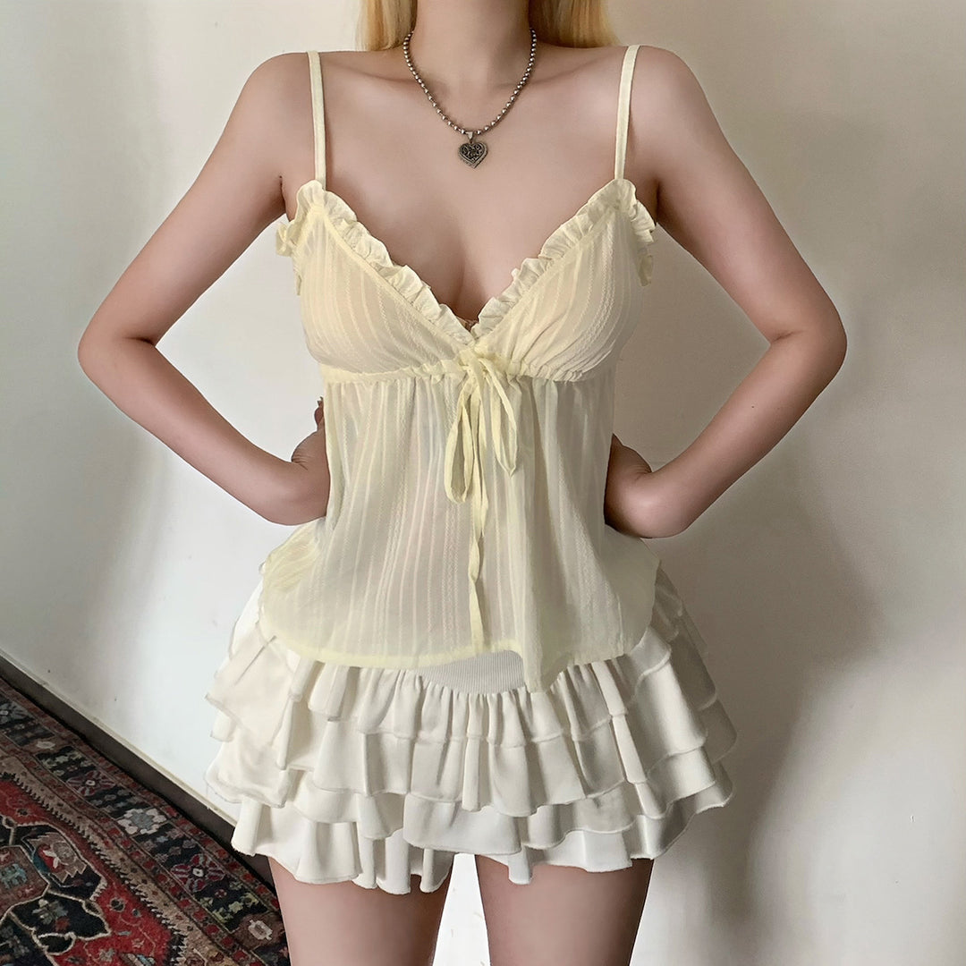 Damen leichtes Spaghetti-Trägertop mit verspieltem Rüschendesign und verstellbarem Bund Echo Archiv
