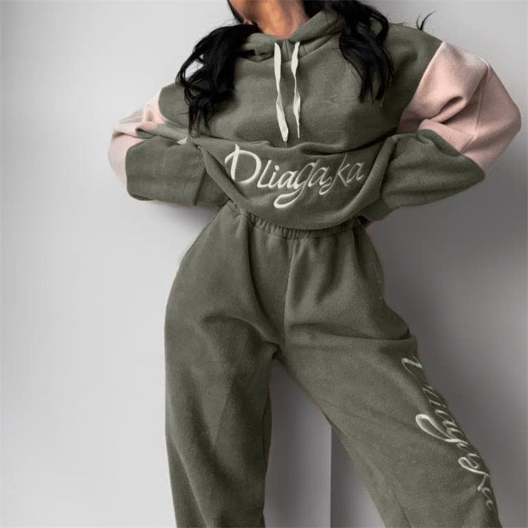 Damen kuscheliges Hoodie-Set mit kontrastärmel, elastischer High-Waist-Jogginghose und überschnittener Kapuze – Auréline