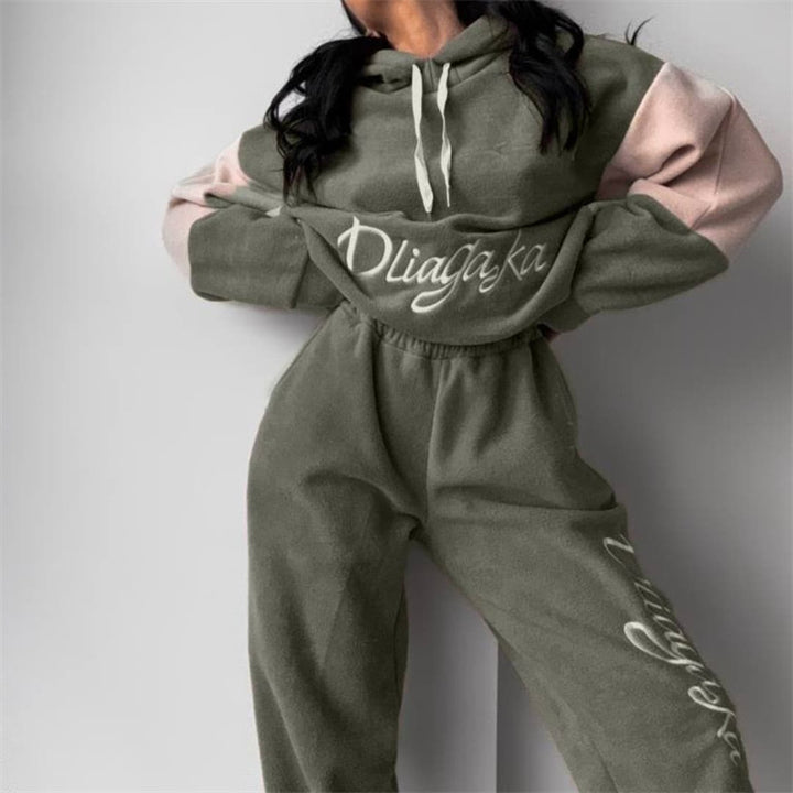 Damen kuscheliges Hoodie-Set mit kontrastärmel, elastischer High-Waist-Jogginghose und überschnittener Kapuze – Auréline