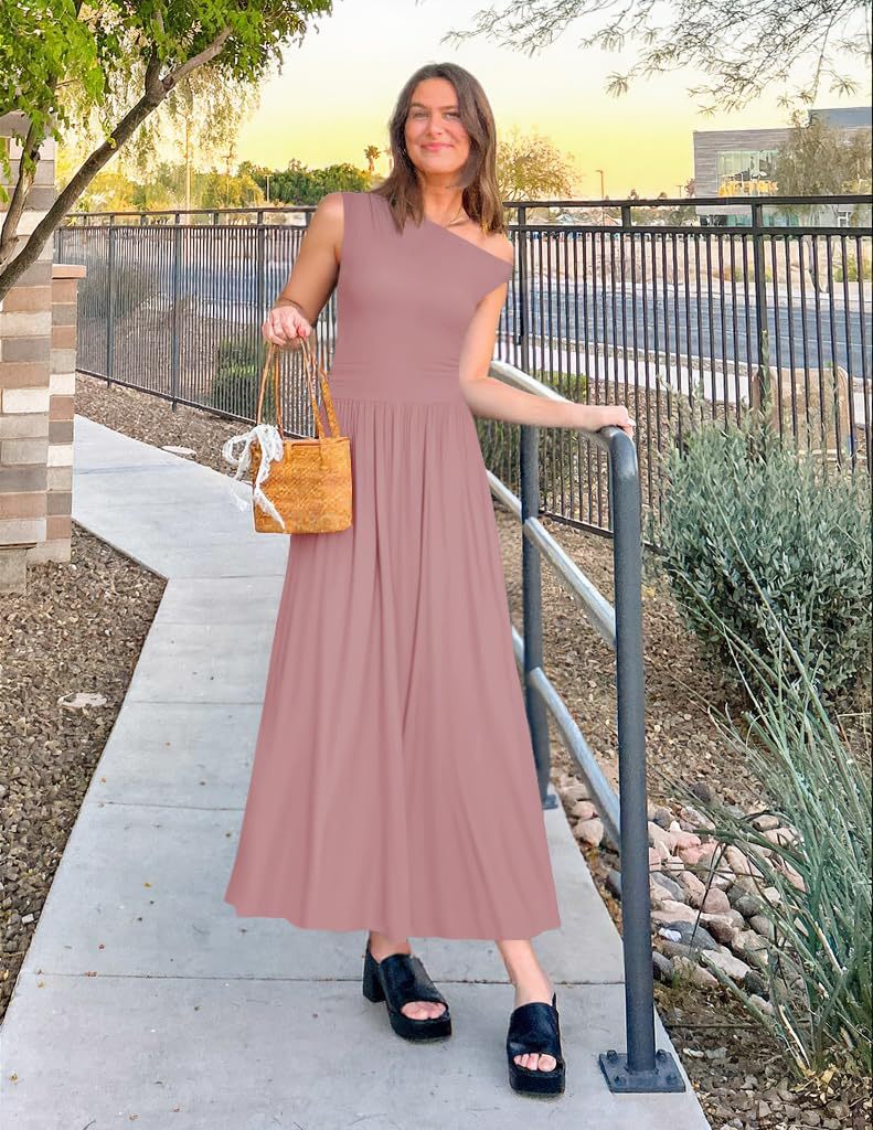 Damen Asymmetrisches Maxikleid mit One-Shoulder, Taillenbetonung und Seitentaschen Echo Archiv