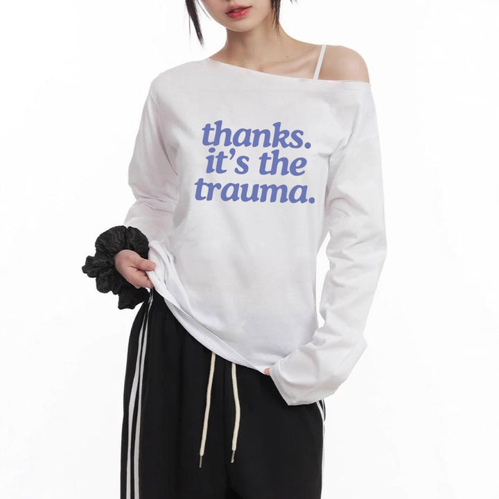 Damen Off-Shoulder Langarm-Cropshirt mit Statement-Print, asymmetrischem Ausschnitt und lockerem Oversize-Schnitt – Avérine