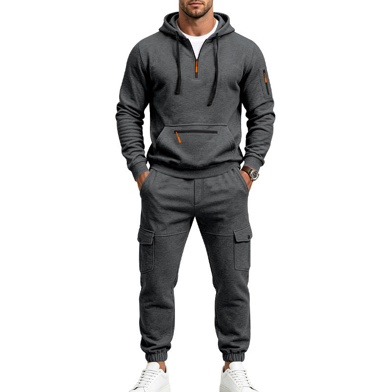 Herren Zweiteiliges Fleece-Loungewear-Set mit Halbzip-Kapuze und Cargo-Jogger – Cavarno