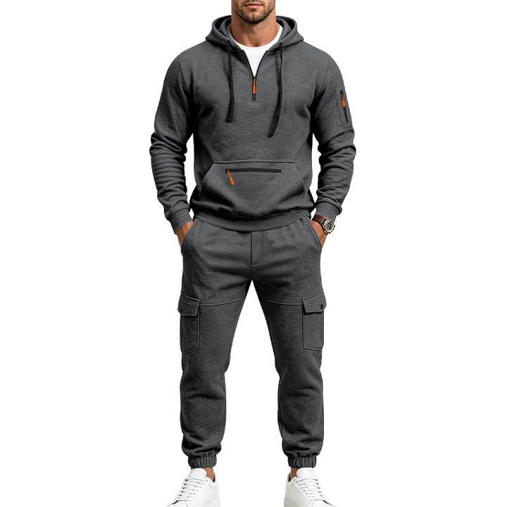Herren Zweiteiliges Fleece-Loungewear-Set mit Halbzip-Kapuze und Cargo-Jogger – Cavarno