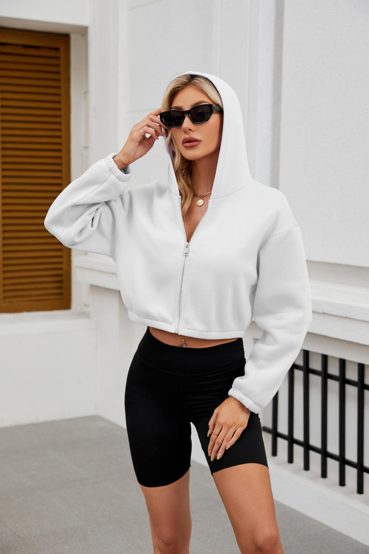 Damen Cropped Kapuzenjacke mit durchgehendem Reißverschluss und oversized Ärmeln Echo Archiv