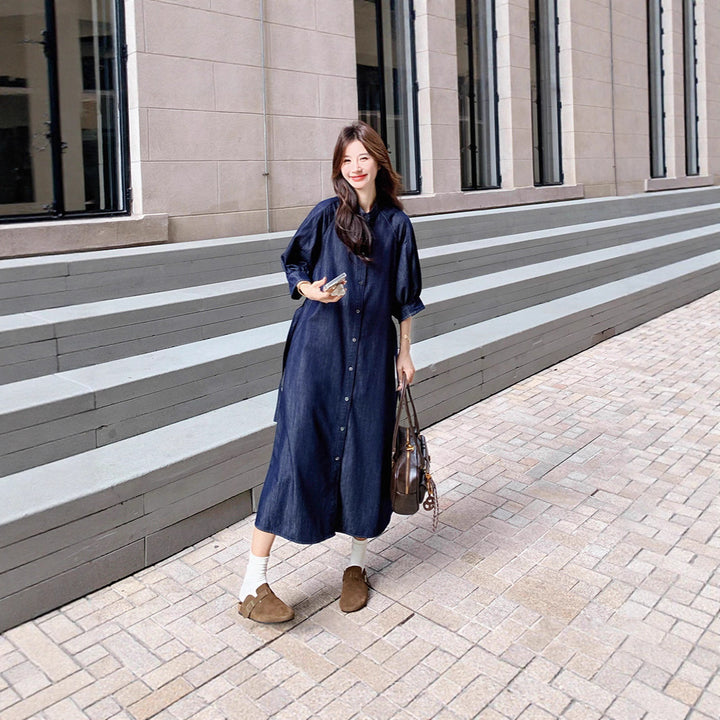 Damen Jeans-Midikleid mit durchgehender Knopfleiste, Taillengürtel und 3/4-Ärmeln – Élara