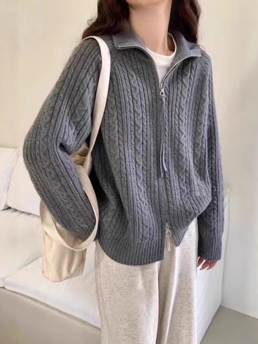 Damen Kastiger Zopfstrick‑Cardigan mit Zweiwege‑Reißverschluss, Stehkragen und breitem Rippsaum Echoarchiv