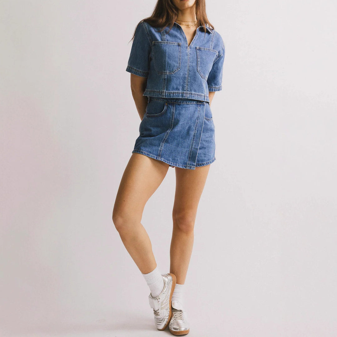 Damen lässiges Denim-Kurzjacken-Set mit passendem Rock Echo Archiv