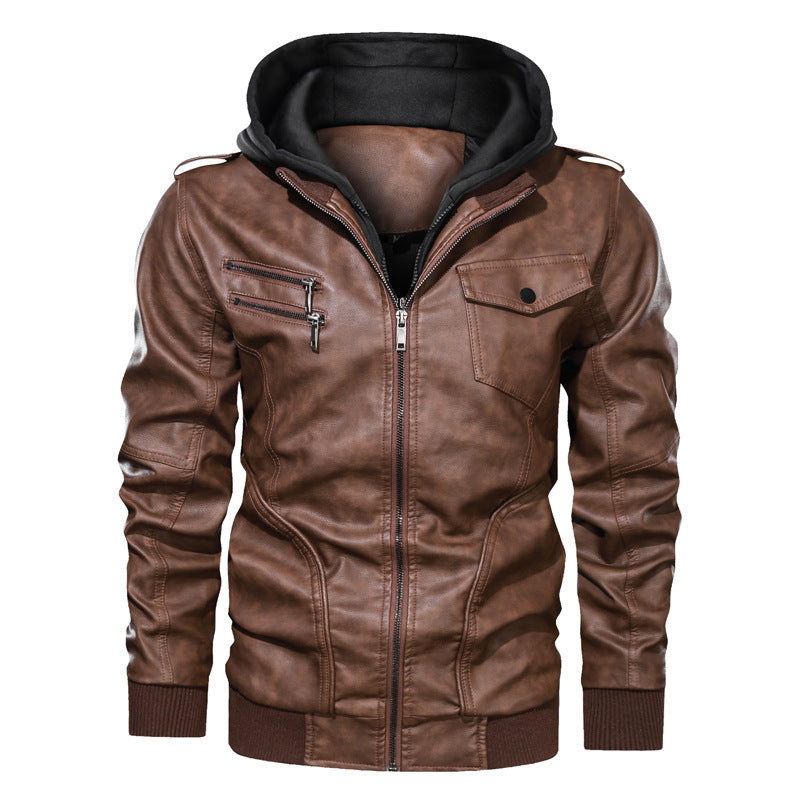 Herren Lederoptik Kapuzenjacke im Bikerstil mit Reißverschlusstaschen und Rippbündchen – Taviero