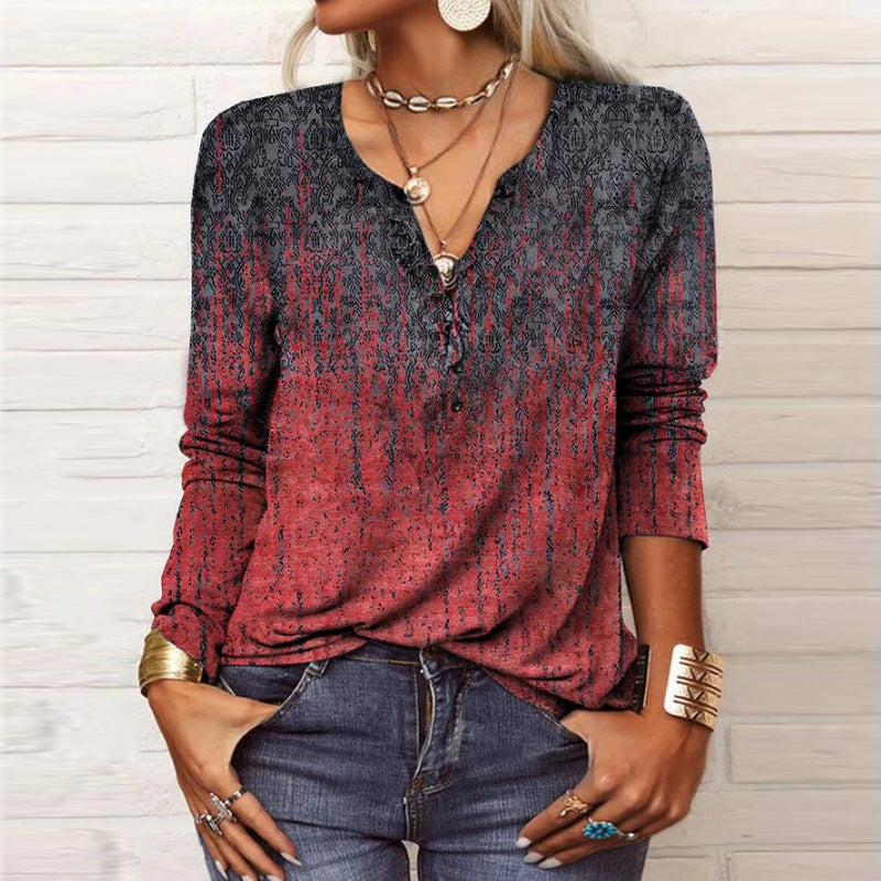 Damen Lockeres Langarm‑Henleyshirt mit V‑Ausschnitt, Knopfleiste und Ombre‑Print – Avérine