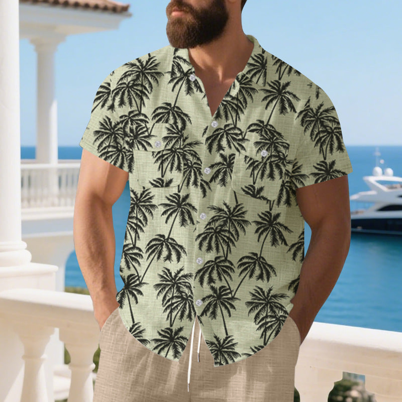 Herren lässiges Kurzarm-Hemd im tropischen Palmen-Design mit Taschen Echoarchiv