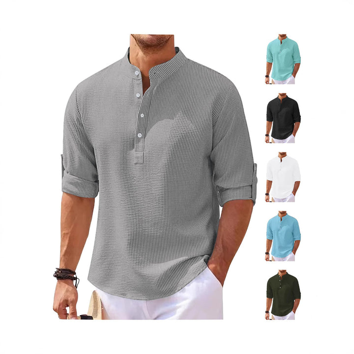 Damen nan oversized Langarm-Henley mit Stehkragen Waffelstruktur und Ärmelsicherung Echo Archiv