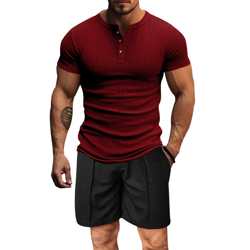 Herren atmungsaktives Henley-T-Shirt mit strukturierter Oberfläche und kurzen Ärmeln Echoarchiv