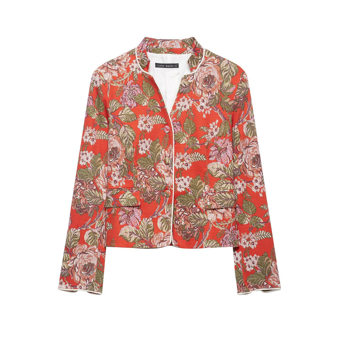 Damen floral gewebte Jacquard‑Bouclé Kurzjacke mit Stehkragen Echo Archiv