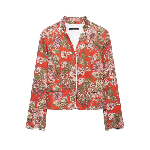 Damen floral gewebte Jacquard‑Bouclé Kurzjacke mit Stehkragen Echo Archiv
