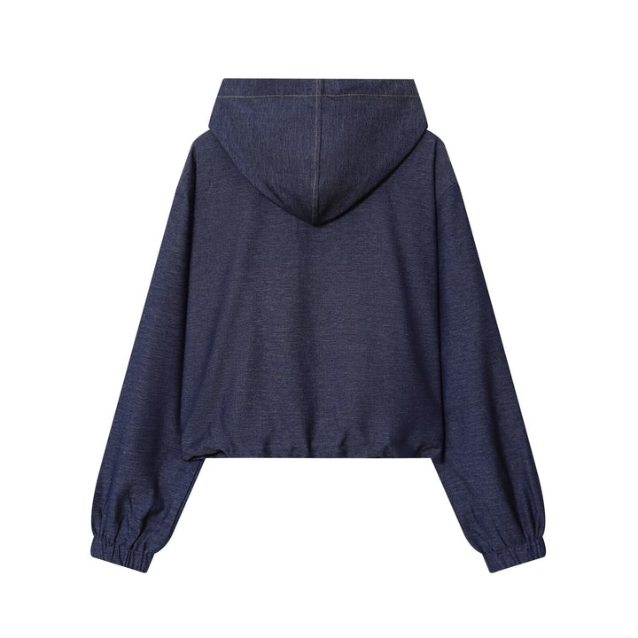 Damen Zweiteiler aus Denim‑Jersey Kapuzenjacke mit Reißverschluss und weiter Bundfaltenhose Echo Archiv