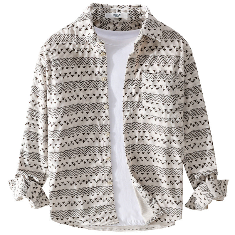 Herren Struktur-Kord-Hemdjacke im Vintage-Look mit Norweger-Motiv Echoarchiv