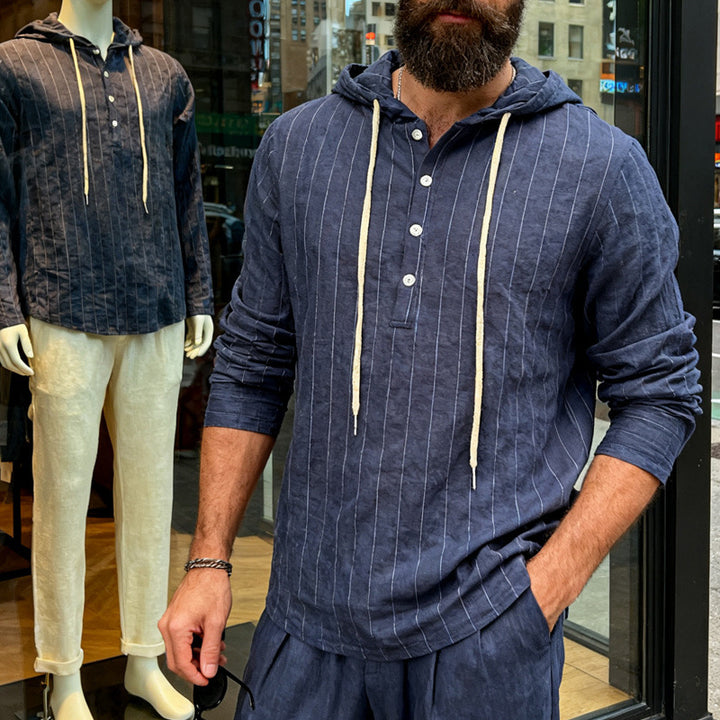 Herren nan Kapuzenshirt aus Leinenmix mit halber Knopfleiste und Nadelstreifen Echo Archiv