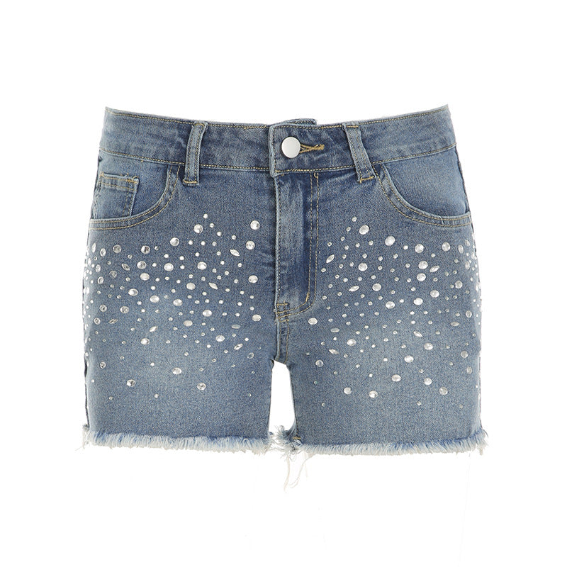 Damen Jeansshorts mit glitzernden Applikationen und fransigem Saum Echo Archiv