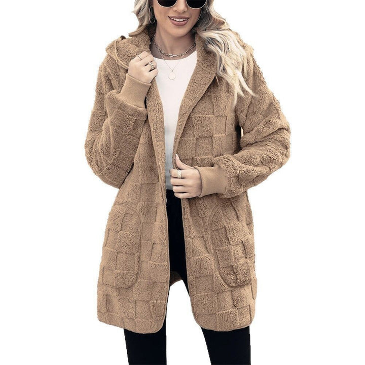 Damen nan kuschelige Kapuzen-Longjacke aus Teddyfleece mit aufgesetzten Taschen und strukturierter Karooptik Echo Archiv