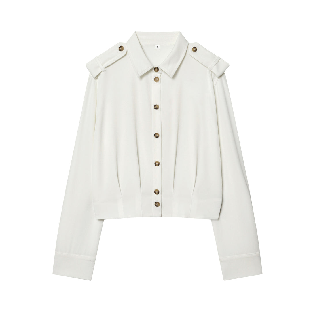 Damen taillierte Cropped-Hemdbluse mit Schulterklappen und Zierknopfleiste – Élovi
