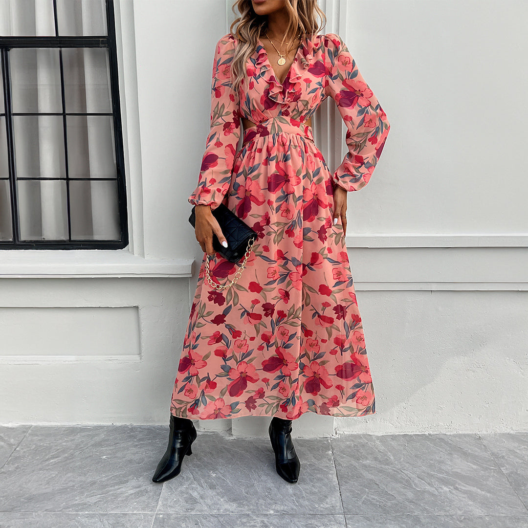 Damen luftig-fließendes Chiffon-Maxikleid mit Taillen-Cutouts, Rüschen-V-Ausschnitt und langen, transparenten Ärmeln – Valéora