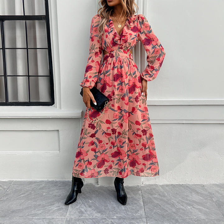 Damen luftig-fließendes Chiffon-Maxikleid mit Taillen-Cutouts, Rüschen-V-Ausschnitt und langen, transparenten Ärmeln – Valéora
