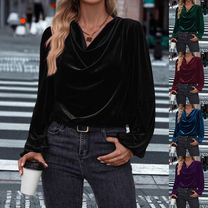 Damen Drapiertes Samtblusenshirt mit Wasserfall‑Ausschnitt und Puffschultern Echoarchiv