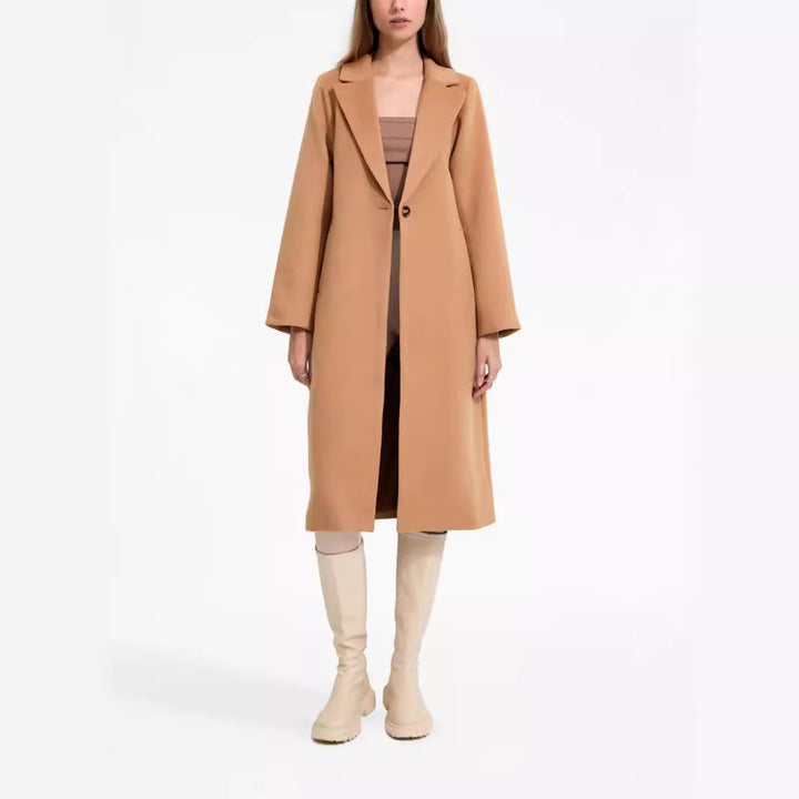 Damen Midilanger Einreihiger Wollmix-Mantel mit minimalistischem Schalkragen Echoarchiv