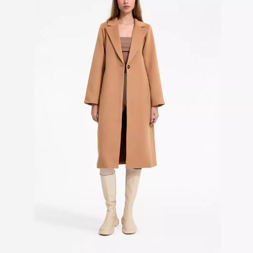 Damen Midilanger Einreihiger Wollmix-Mantel mit minimalistischem Schalkragen Echoarchiv