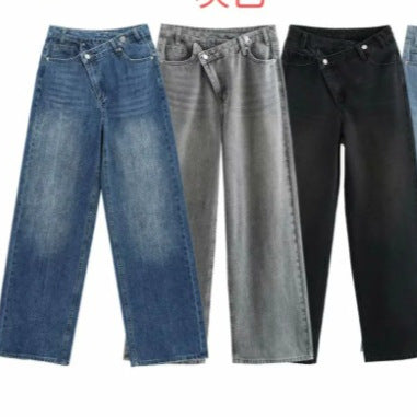 Damen 20+ weite High‑Waist Denim‑Palazzo‑Jeans mit asymmetrischem Bunddetail Echo Archiv