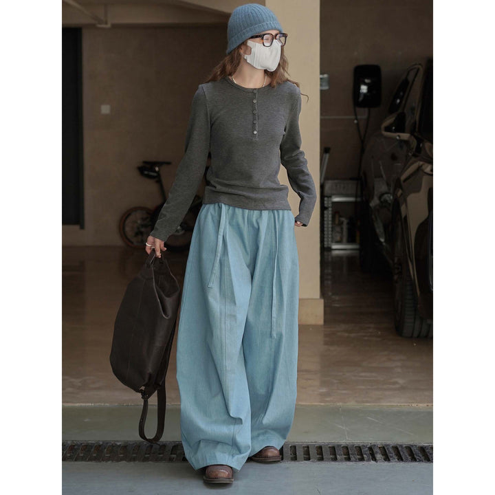 Damen Weite High‑Waist Twill-Ballonhose mit Tunnelzug und Plissee-Falten Echoarchiv