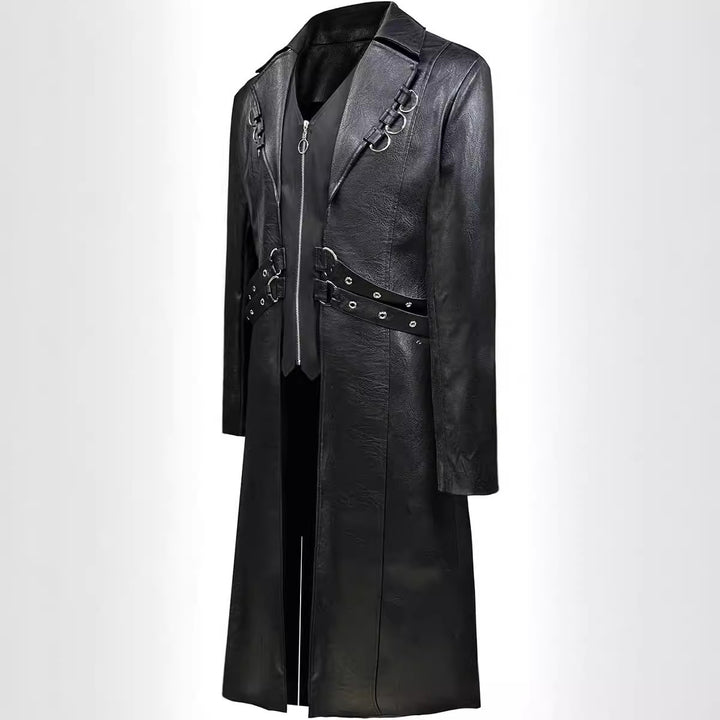 Herren Modische Kunstleder-Trenchcoat mit asymmetrischem Reißverschluss und dekorativen Details Echoarchiv