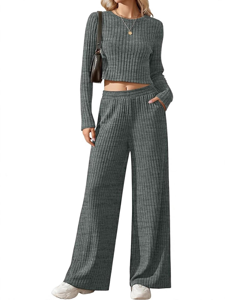 Damen Geripptes Feinstrick-Lounge-Set mit Cropped Langarmtop und High-Waist Palazzohose Echoarchiv