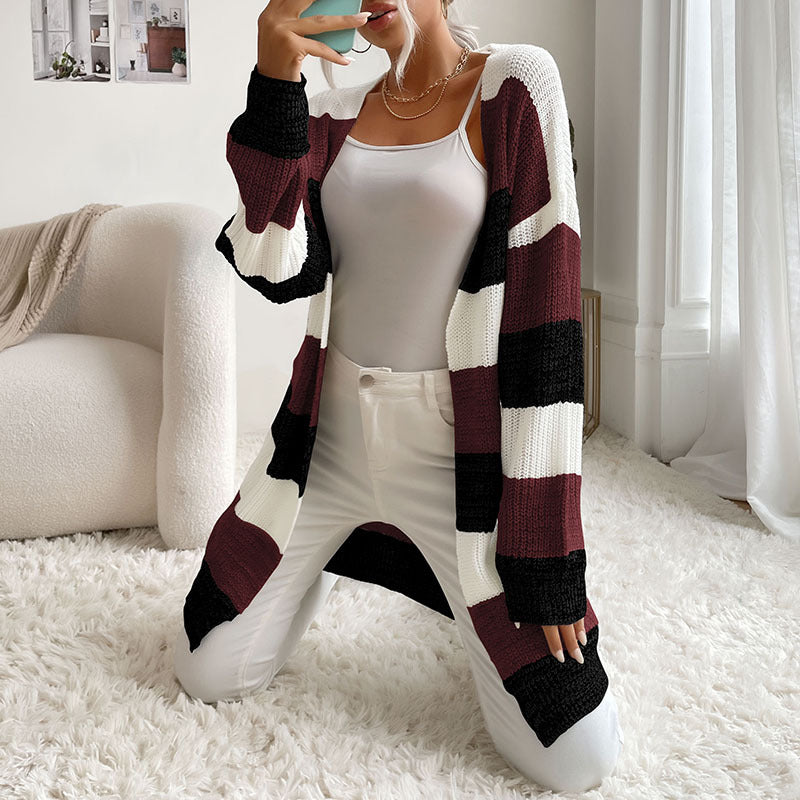 Damen Langer Oversize-Strickcardigan mit Blockstreifen und offener Front – Veloura