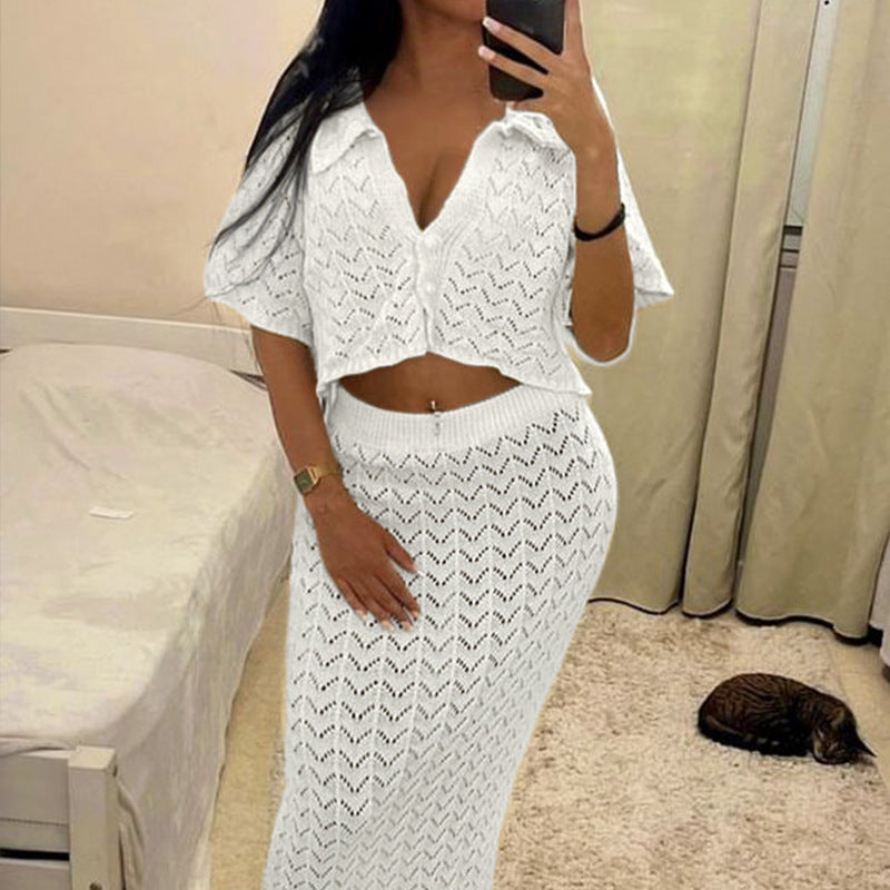 Damen Strick-Kleid mit hohen Seitenschlitzen und modischem Lochmuster Echo Archiv