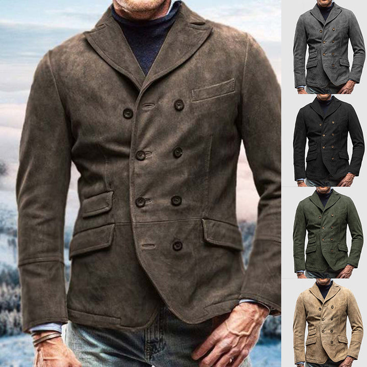 Herren eleganter Wildlederblazer mit doppelter Knopfleiste und praktischen Taschen Echoarchiv