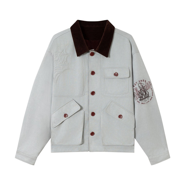Unisex Boxy‑Blousonjacke aus Baumwollvelours mit Cordkragen, aufgeprägten Stickdetails und Pattentaschen Echoarchiv
