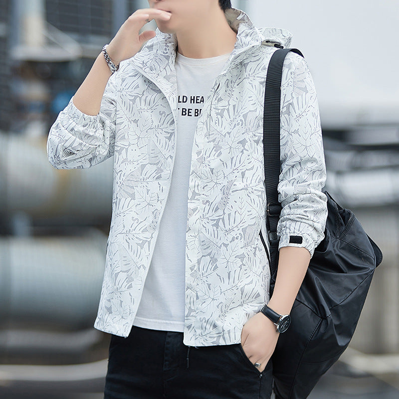 Herren leichte Kapuzen-Windjacke mit floralem Alloverprint, wasserabweisender Shell und elastischen Bündchen Echoarchiv