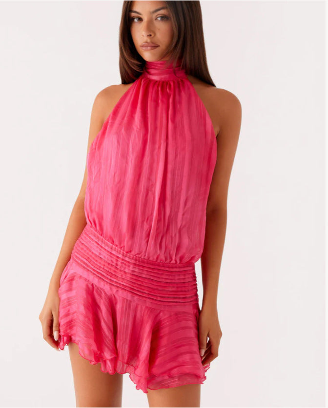 Damen Neckholder Minikleid mit Rüschensaum und gepolstertem Oberteil Echo Archiv