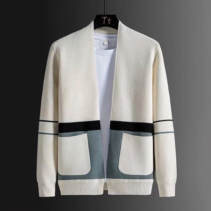 Herren Offene Strickjacke im Colorblock‑Design mit aufgesetzten Taschen und geripptem Saum Echoarchiv
