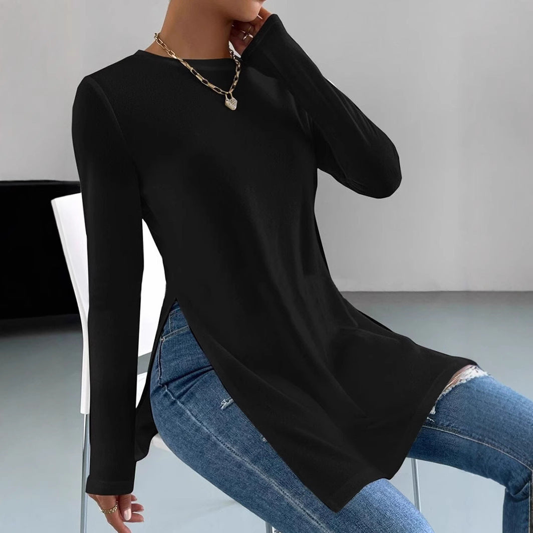 Damen Langes Feinstrick-Tunika-Shirt mit Seitenschlitzen und gerundetem Saum – Mavelle