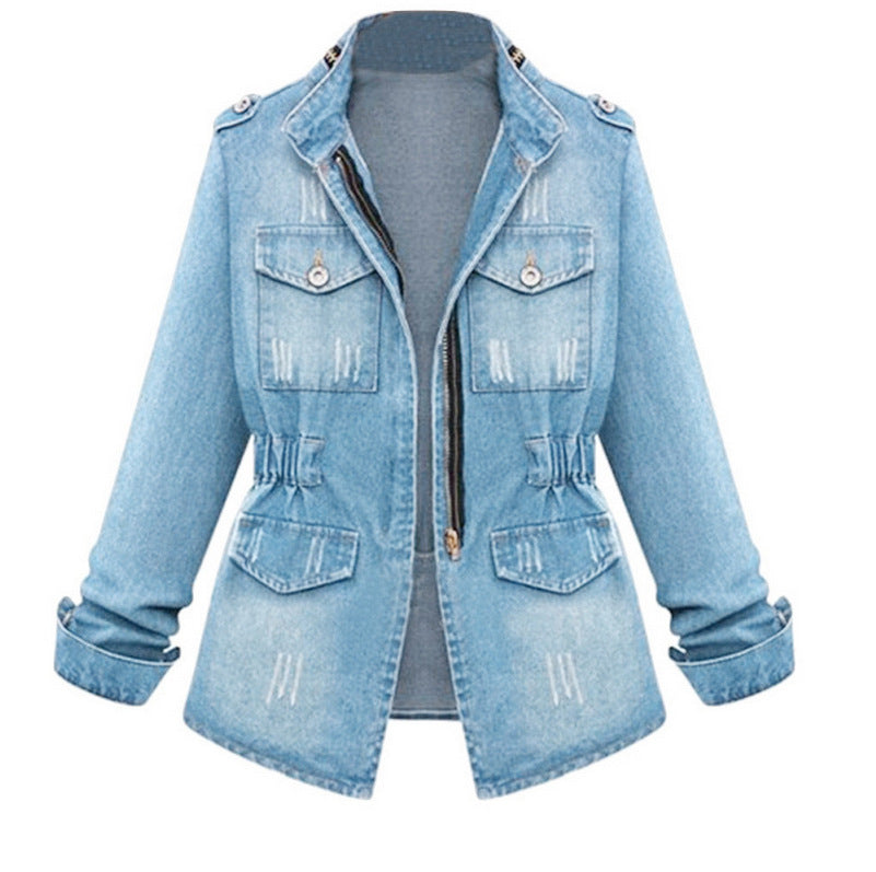 Damen modische Jeansjacke im Used-Look mit verstellbarem Kragen und trendigen Details Echo Archiv