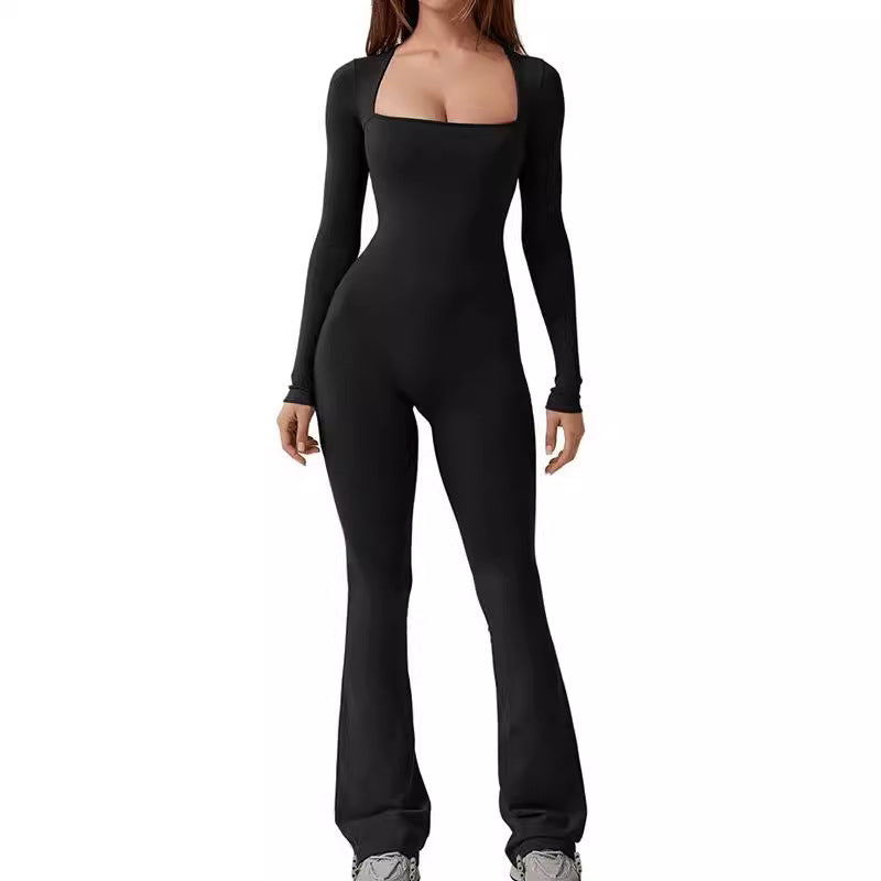 Damen nan figurbetonter Langarm-Jumpsuit mit quadratischem Ausschnitt und ausgestellter Schlaghose Echo Archiv