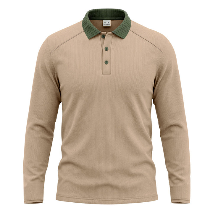 Herren Langarm-Poloshirt mit gerippter Kontrastkragen und feiner Waffelstruktur Echoarchiv