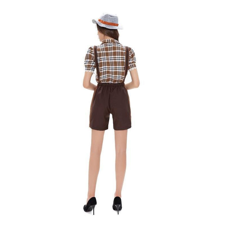 Damen nan kurze Trachten-Latzhose mit gesticktem Hirschmotiv, verstellbaren Trägern und Spitzenbordüre Echo Archiv