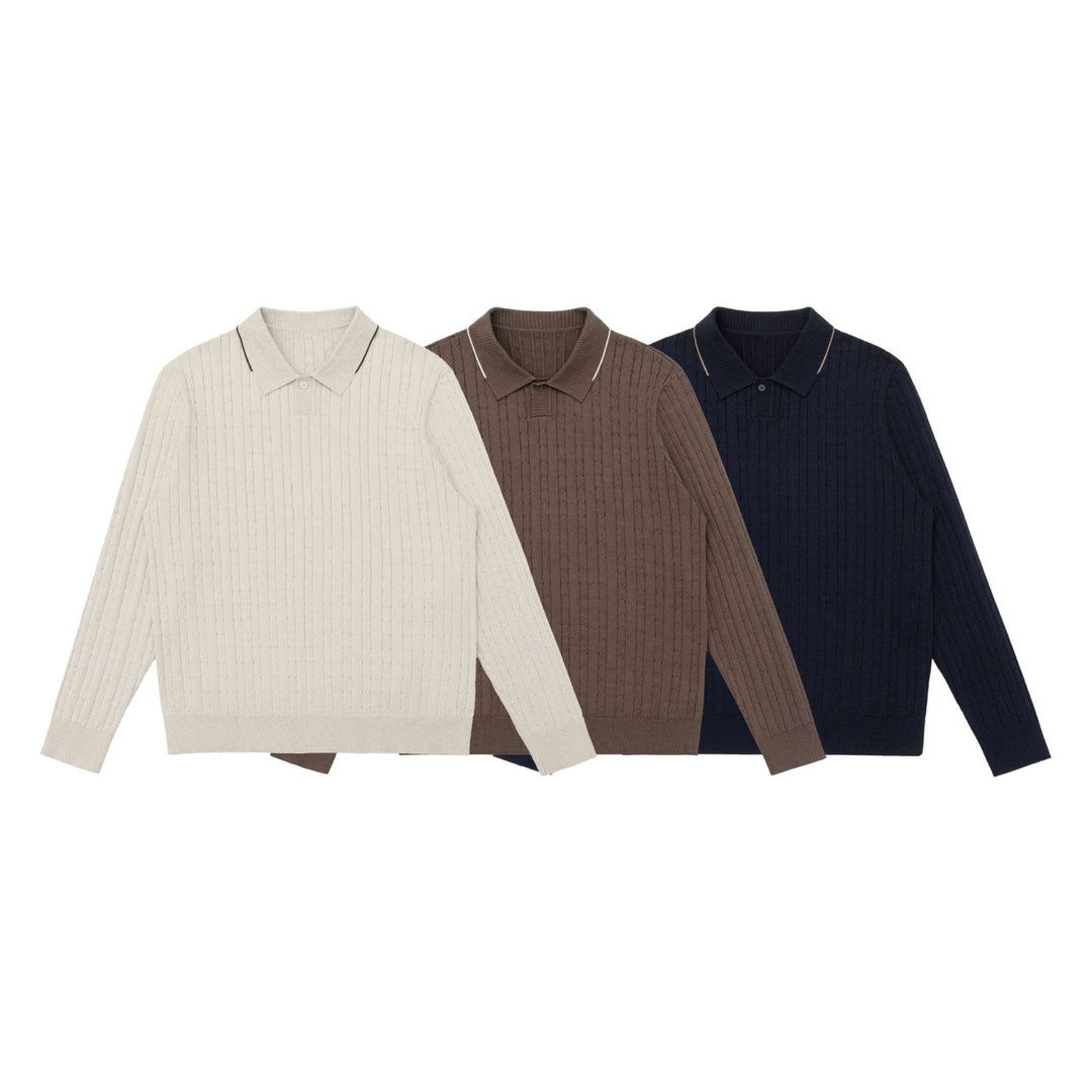 Herren Zopfstrick-Polokragenpullover mit halber Knopfleiste Echoarchiv
