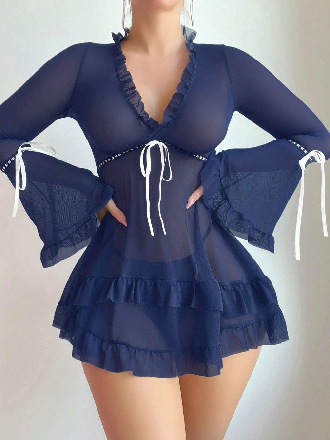 Damen transparentes Strandkleid mit voluminösen Rüschen und langen Ärmeln Echo Archiv