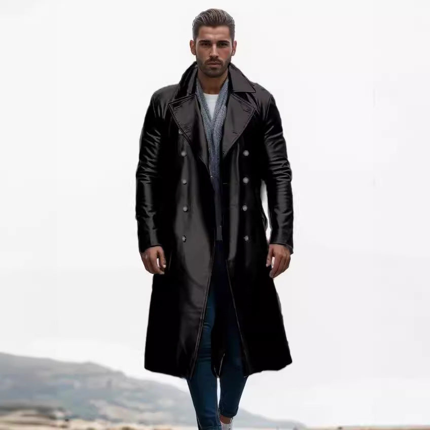 Herren Eleganter Leder-Trenchcoat mit doppelter Knopfreihe und modernem Schnitt Echoarchiv