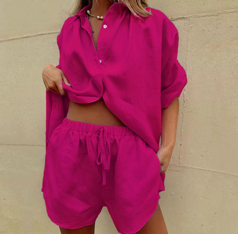 Damen lässiges Leinen-Pyjama-Set mit komfortablem Schnitt Echoarchiv