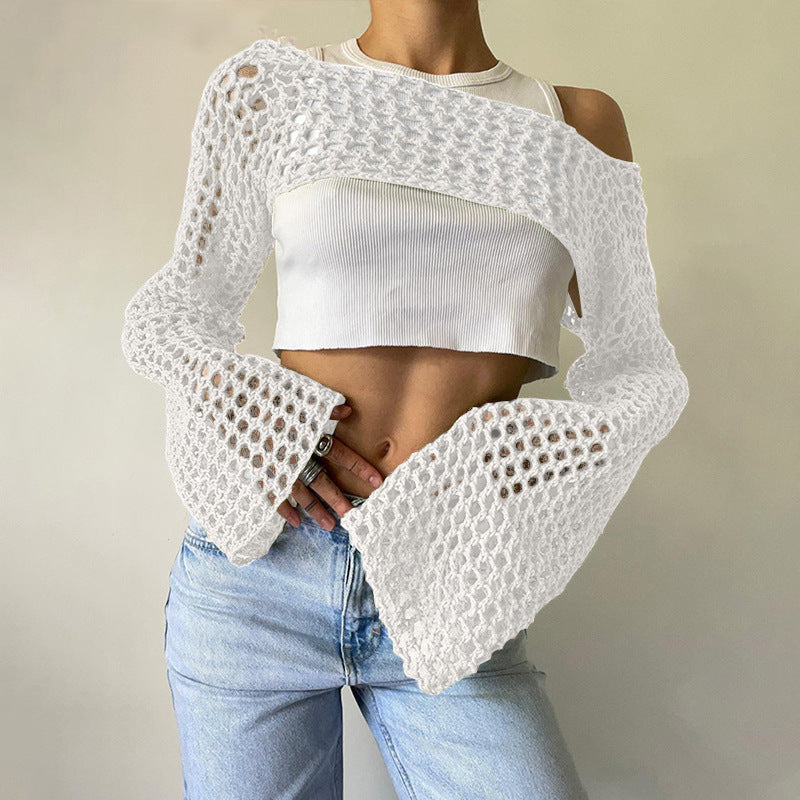 Damen gehäkelter kurzer Bolero mit asymmetrischem Schulterauschnitt und ausgestellten Ärmeln – Célinea